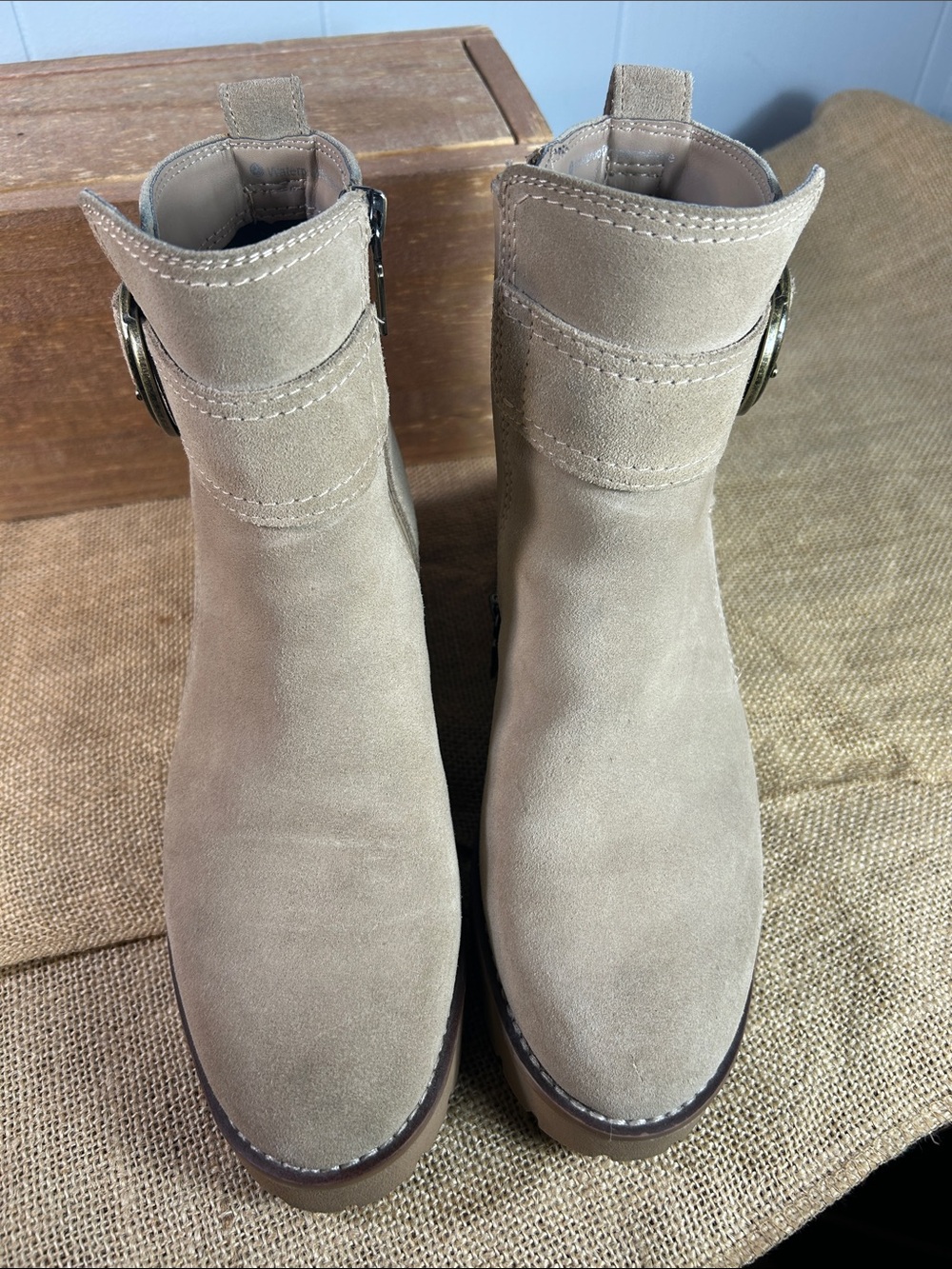 Blondo Taupe Suede Waterproof Lug-Sole Ankle Boots with Buckle - Picture 10 of 11
